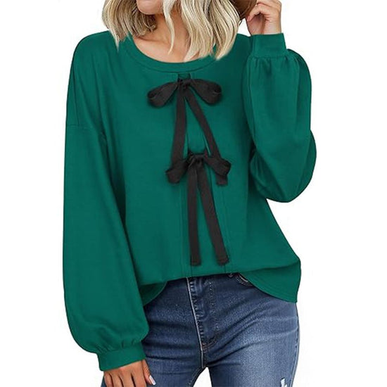 Women's Round Neck Front Lace-up Bow T Pullover Split Long Sleeve Shirt $39.00 Dana Fashion Color: Gray Size: L Women's clothing Product information: Pattern: solid color Color: green, pink, yellow, gray Size: S,M,L,XL Version: Loose Style type: temperame