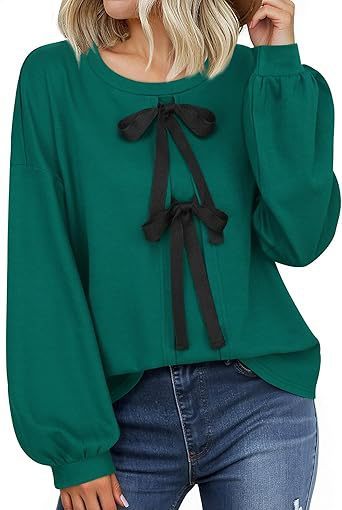 Women's Round Neck Front Lace-up Bow T Pullover Split Long Sleeve Shirt $39.00 Dana Fashion Color: Green Size: L Women's clothing Product information: Pattern: solid color Color: green, pink, yellow, gray Size: S,M,L,XL Version: Loose Style type: temperam