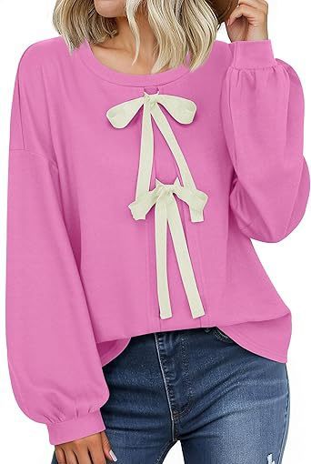 Women's Round Neck Front Lace-up Bow T Pullover Split Long Sleeve Shirt $39.00 Dana Fashion Color: Pink Size: L Women's clothing Product information: Pattern: solid color Color: green, pink, yellow, gray Size: S,M,L,XL Version: Loose Style type: temperame
