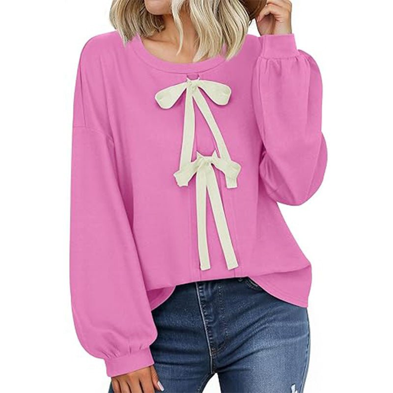 Women's Round Neck Front Lace-up Bow T Pullover Split Long Sleeve Shirt $39.00 Dana Fashion Color: Gray Size: L Women's clothing Product information: Pattern: solid color Color: green, pink, yellow, gray Size: S,M,L,XL Version: Loose Style type: temperame