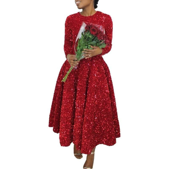Women's Round Neck Long Sleeve Pure Color Sequins Mid-length Formal Dress $59.50 Dana Fashion Color: Black Size: L Women's clothing Product information: Pattern: solid color Skirt-type: large skirt Color: champagne, red, black, sapphire blue, green Waist