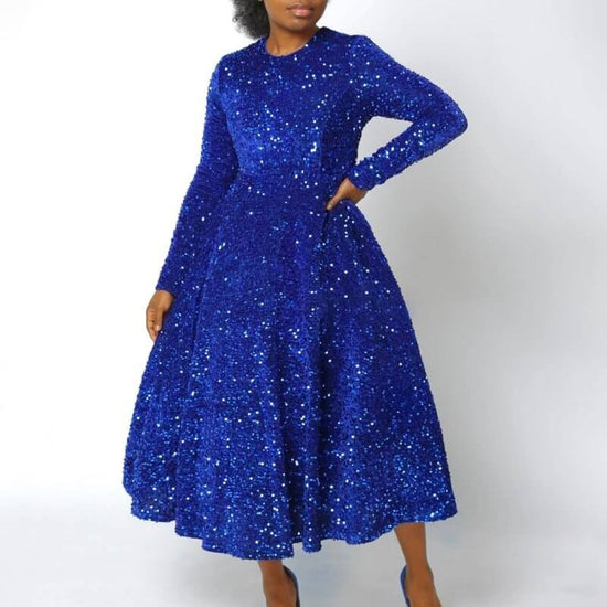 Women's Round Neck Long Sleeve Pure Color Sequins Mid-length Formal Dress $59.50 Dana Fashion Color: Black Size: L Women's clothing Product information: Pattern: solid color Skirt-type: large skirt Color: champagne, red, black, sapphire blue, green Waist
