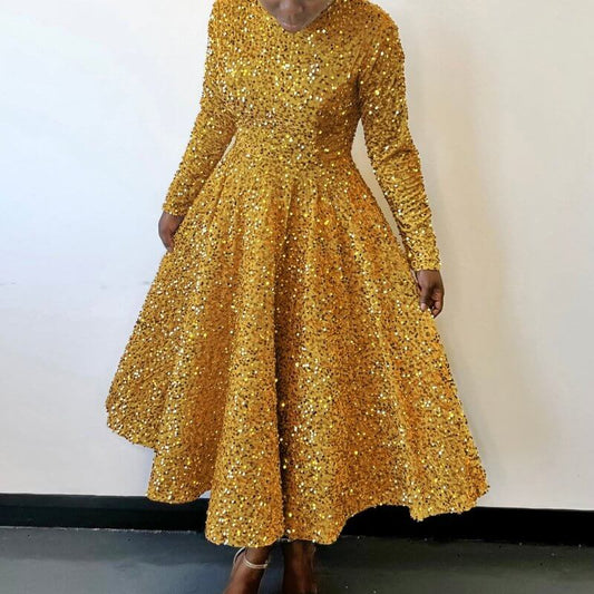 Women's Round Neck Long Sleeve Pure Color Sequins Mid-length Formal Dress $59.50 Dana Fashion Color: Black Size: L Women's clothing Product information: Pattern: solid color Skirt-type: large skirt Color: champagne, red, black, sapphire blue, green Waist