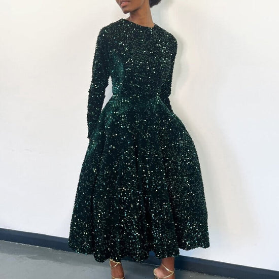 Women's Round Neck Long Sleeve Pure Color Sequins Mid-length Formal Dress $59.50 Dana Fashion Color: Black Size: L Women's clothing Product information: Pattern: solid color Skirt-type: large skirt Color: champagne, red, black, sapphire blue, green Waist