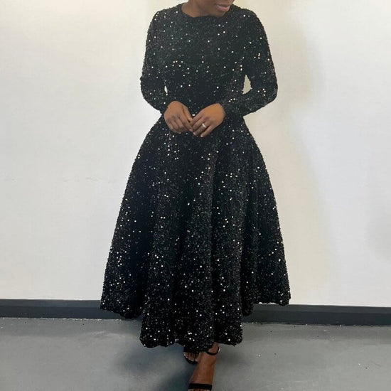 Women's Round Neck Long Sleeve Pure Color Sequins Mid-length Formal Dress $59.50 Dana Fashion Color: Black Size: L Women's clothing Product information: Pattern: solid color Skirt-type: large skirt Color: champagne, red, black, sapphire blue, green Waist