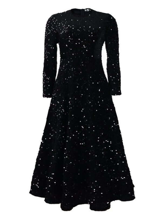 Women's Round Neck Long Sleeve Pure Color Sequins Mid-length Formal Dress $59.50 Dana Fashion Color: Black Size: L Women's clothing Product information: Pattern: solid color Skirt-type: large skirt Color: champagne, red, black, sapphire blue, green Waist