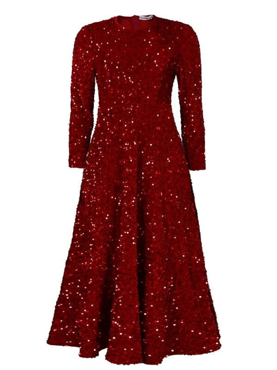 Women's Round Neck Long Sleeve Pure Color Sequins Mid-length Formal Dress $59.50 Dana Fashion Color: Red Size: L Women's clothing Product information: Pattern: solid color Skirt-type: large skirt Color: champagne, red, black, sapphire blue, green Waist ty