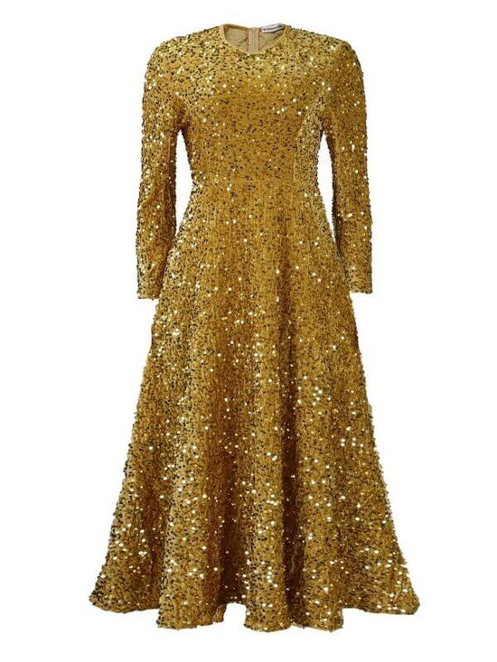 Women's Round Neck Long Sleeve Pure Color Sequins Mid-length Formal Dress $59.50 Dana Fashion Color: Champagne Size: L Women's clothing Product information: Pattern: solid color Skirt-type: large skirt Color: champagne, red, black, sapphire blue, green Wa