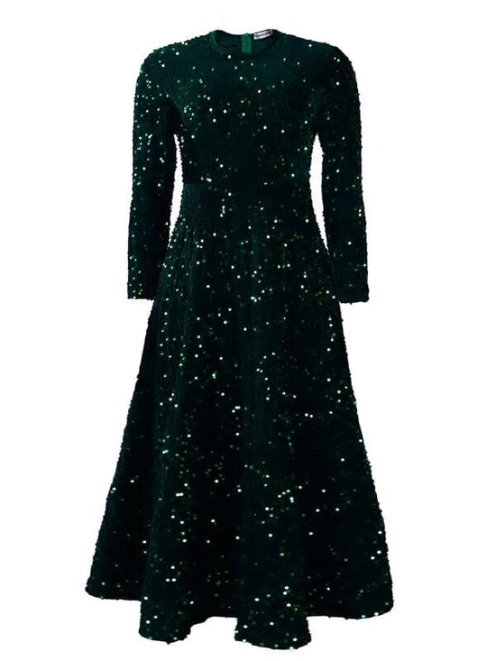 Women's Round Neck Long Sleeve Pure Color Sequins Mid-length Formal Dress $59.50 Dana Fashion Color: Green Size: L Women's clothing Product information: Pattern: solid color Skirt-type: large skirt Color: champagne, red, black, sapphire blue, green Waist