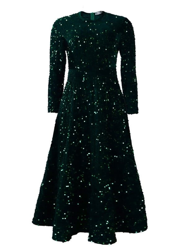 Women's Round Neck Long Sleeve Pure Color Sequins Mid-length Formal Dress $59.50 Dana Fashion Color: Green Size: L Women's clothing Product information: Pattern: solid color Skirt-type: large skirt Color: champagne, red, black, sapphire blue, green Waist