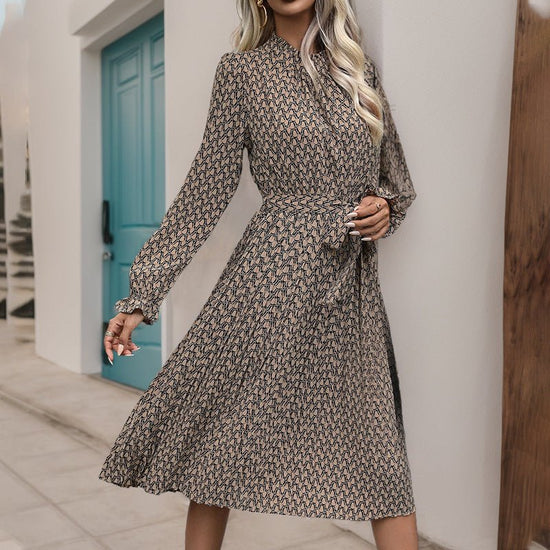 Women's Ruffled Printed Long Sleeve Lace-up Dress $38.50 Dana Fashion Color: Black Size: L Women's clothing Product information: Pattern: geometric pattern Color: khaki, Black Waist Type: Mid waist Size: S,M,L,XL Style type: temperament commute Popular el