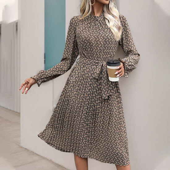 Women's Ruffled Printed Long Sleeve Lace-up Dress $38.50 Dana Fashion Color: Black Size: L Women's clothing Product information: Pattern: geometric pattern Color: khaki, Black Waist Type: Mid waist Size: S,M,L,XL Style type: temperament commute Popular el