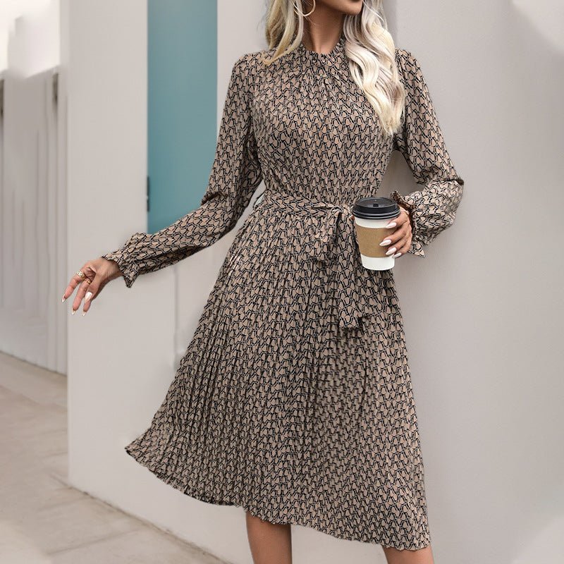 Women's Ruffled Printed Long Sleeve Lace-up Dress $38.50 Dana Fashion Color: Black Size: L Women's clothing Product information: Pattern: geometric pattern Color: khaki, Black Waist Type: Mid waist Size: S,M,L,XL Style type: temperament commute Popular el