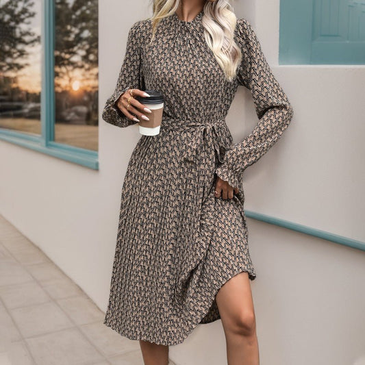 Women's Ruffled Printed Long Sleeve Lace-up Dress $38.50 Dana Fashion Color: Black Size: L Women's clothing Product information: Pattern: geometric pattern Color: khaki, Black Waist Type: Mid waist Size: S,M,L,XL Style type: temperament commute Popular el