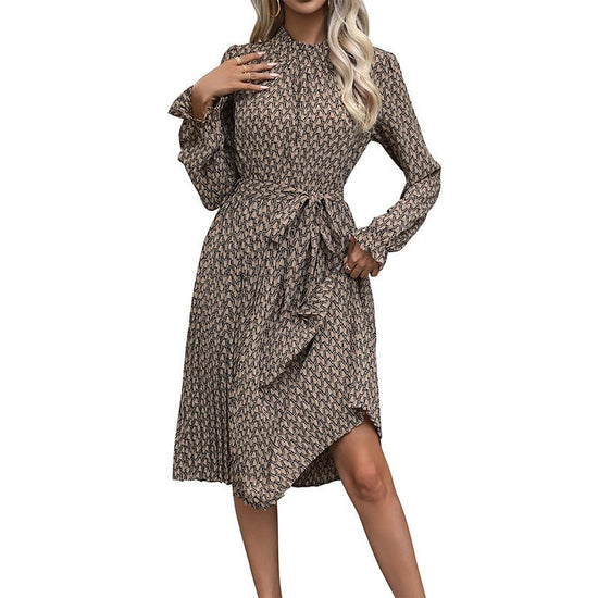 Women's Ruffled Printed Long Sleeve Lace-up Dress $38.50 Dana Fashion Color: Black Size: L Women's clothing Product information: Pattern: geometric pattern Color: khaki, Black Waist Type: Mid waist Size: S,M,L,XL Style type: temperament commute Popular el