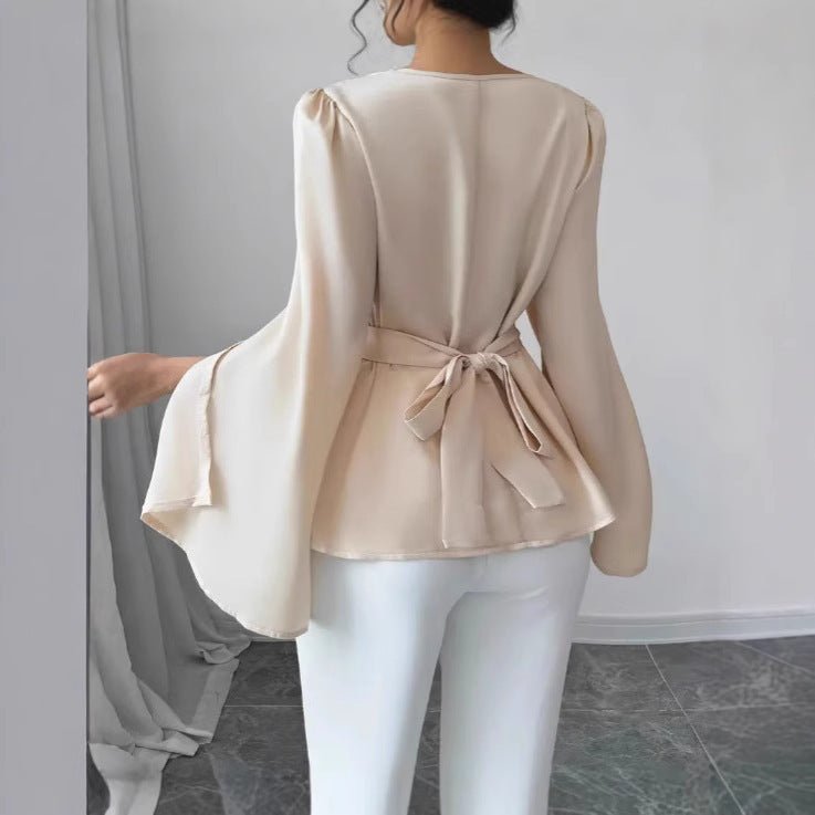 Women's Satin Flare Sleeve Waist Trimming Shirt $35.00 Dana Fashion Color: Apricot Size: L Women's clothing Product information: Color: Apricot Size: S,M,L,XL,XXL Style type: fresh and sweet Popular elements: Other Style: pullover Fabric name: Polyester L