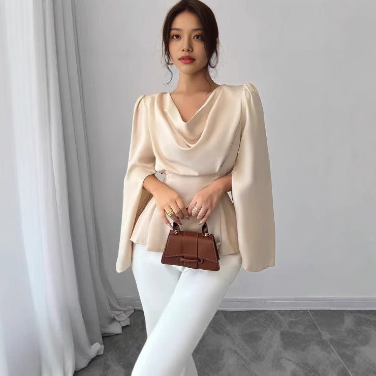 Women's Satin Flare Sleeve Waist Trimming Shirt $35.00 Dana Fashion Color: Apricot Size: L Women's clothing Product information: Color: Apricot Size: S,M,L,XL,XXL Style type: fresh and sweet Popular elements: Other Style: pullover Fabric name: Polyester L