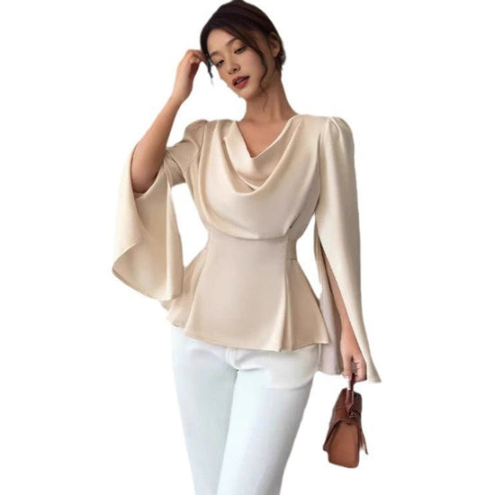 Women's Satin Flare Sleeve Waist Trimming Shirt $35.00 Dana Fashion Color: Apricot Size: L Women's clothing Product information: Color: Apricot Size: S,M,L,XL,XXL Style type: fresh and sweet Popular elements: Other Style: pullover Fabric name: Polyester L