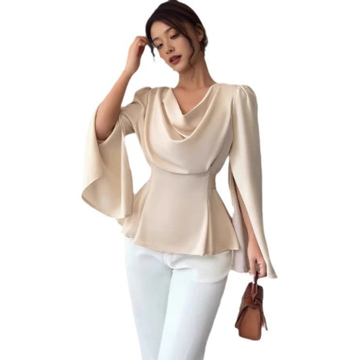 Women's Satin Flare Sleeve Waist Trimming Shirt $35.00 Dana Fashion Color: Apricot Size: L Women's clothing Product information: Color: Apricot Size: S,M,L,XL,XXL Style type: fresh and sweet Popular elements: Other Style: pullover Fabric name: Polyester L
