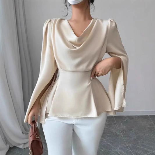 Women's Satin Flare Sleeve Waist Trimming Shirt $35.00 Dana Fashion Color: Apricot Size: L Women's clothing Product information: Color: Apricot Size: S,M,L,XL,XXL Style type: fresh and sweet Popular elements: Other Style: pullover Fabric name: Polyester L