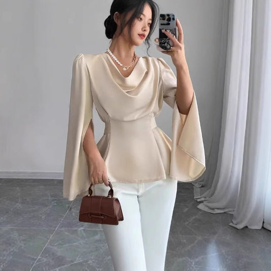 Women's Satin Flare Sleeve Waist Trimming Shirt $35.00 Dana Fashion Color: Apricot Size: L Women's clothing Product information: Color: Apricot Size: S,M,L,XL,XXL Style type: fresh and sweet Popular elements: Other Style: pullover Fabric name: Polyester L