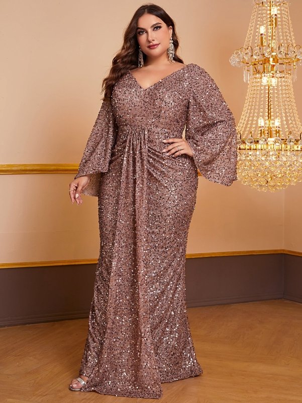 Women's Sequin Long Sleeved V-neck Pleated Dress $94.49 Dana Fashion Color: Camel Size: XL Women's clothing Product information: Fabric name: Polyester Skirt-type: hip skirt Color: Camel Sleeve type: ruffle sleeve Main fabric composition: Polyester (polye