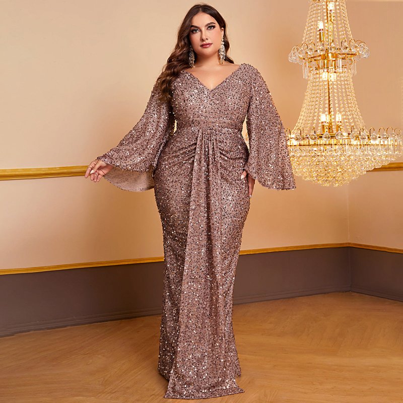 Women's Sequin Long Sleeved V-neck Pleated Dress $94.49 Dana Fashion Color: Camel Size: XL Women's clothing Product information: Fabric name: Polyester Skirt-type: hip skirt Color: Camel Sleeve type: ruffle sleeve Main fabric composition: Polyester (polye