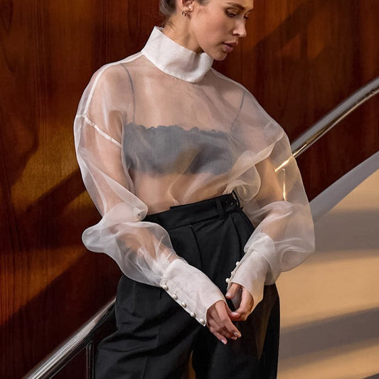 Women's Sheer Mesh Long-sleeved Shirt $50.50 Dana Fashion Color: White Size: L Women's clothing Product information: Fabric name: Polyester Color: white, black Size: S,M,L Sleeve length: long sleeve Popular elements: Grid Style: pullover Craft: collage/st