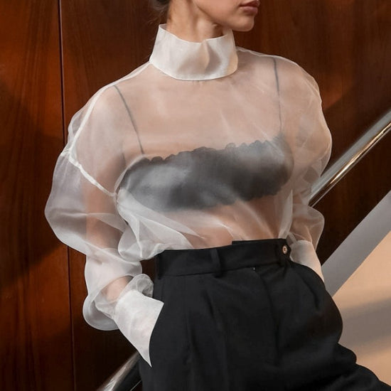 Women's Sheer Mesh Long-sleeved Shirt $50.50 Dana Fashion Color: White Size: L Women's clothing Product information: Fabric name: Polyester Color: white, black Size: S,M,L Sleeve length: long sleeve Popular elements: Grid Style: pullover Craft: collage/st