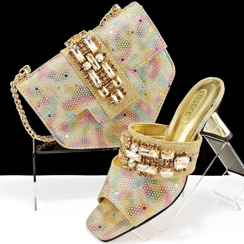 Women's Shoes And Bags Suit Camouflage Fabric Drill Buckle Decorative Casual High Heel Slippers $159.00 Dana Fashion Color: Gold Size: 40 Women's Bags Product information: Pattern: Camouflage Lining material: PU Color: blue, dark brown, magenta, gold, gre