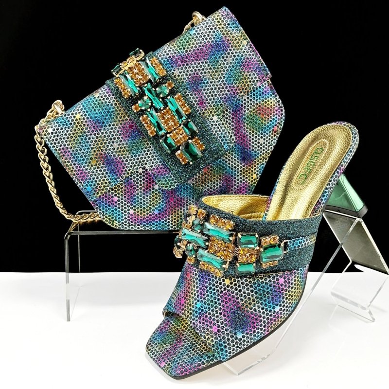 Women's Shoes And Bags Suit Camouflage Fabric Drill Buckle Decorative Casual High Heel Slippers $159.00 Dana Fashion Color: Green Size: 38 Women's Bags Product information: Pattern: Camouflage Lining material: PU Color: blue, dark brown, magenta, gold, gr