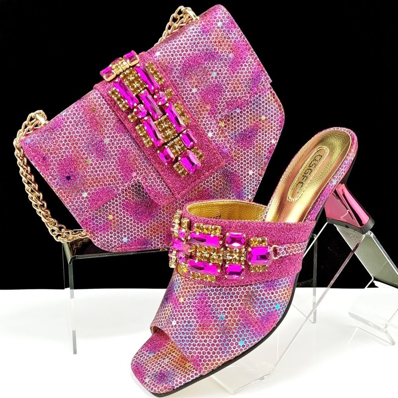 Women's Shoes And Bags Suit Camouflage Fabric Drill Buckle Decorative Casual High Heel Slippers $159.00 Dana Fashion Color: Magenta Size: 39 Women's Bags Product information: Pattern: Camouflage Lining material: PU Color: blue, dark brown, magenta, gold,