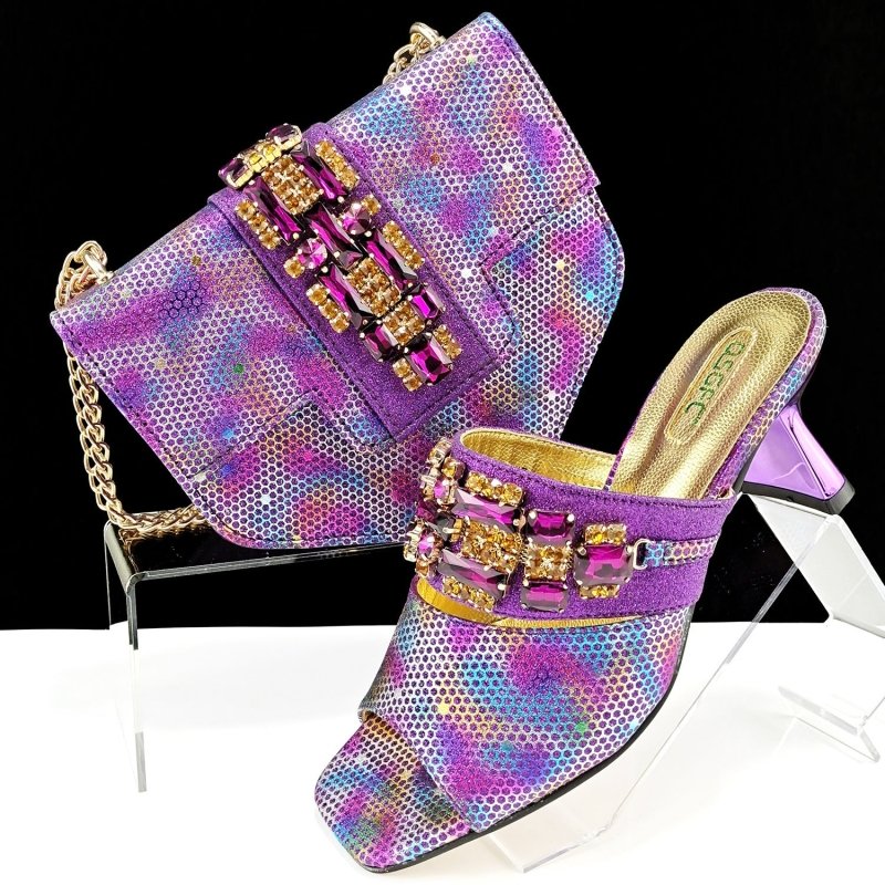 Women's Shoes And Bags Suit Camouflage Fabric Drill Buckle Decorative Casual High Heel Slippers $159.00 Dana Fashion Color: Purple Size: 38 Women's Bags Product information: Pattern: Camouflage Lining material: PU Color: blue, dark brown, magenta, gold, g
