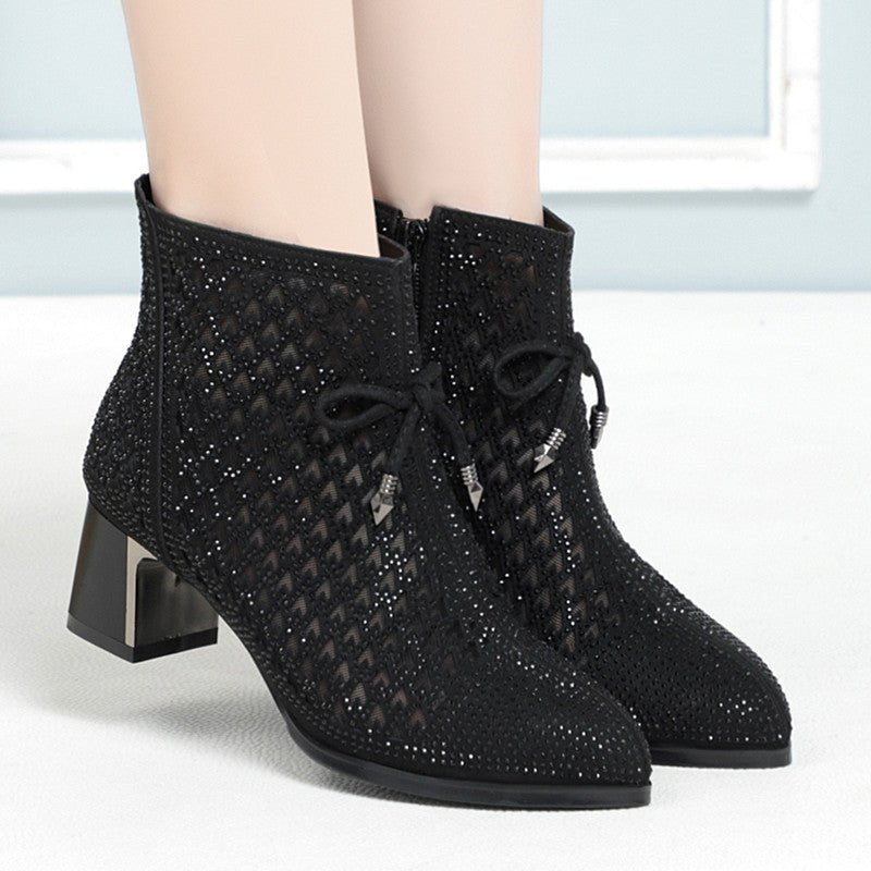 Women's Shoes Chunky Heel Mesh Boots Hollow Rhinestone High Heels $69.99 Dana Fashion Color: Black Size: 34 Women's shoes Product information: Pattern: solid color Lining material: Leather Color: black, gray Heel height: mid heel (3-5CM) Length of socks: