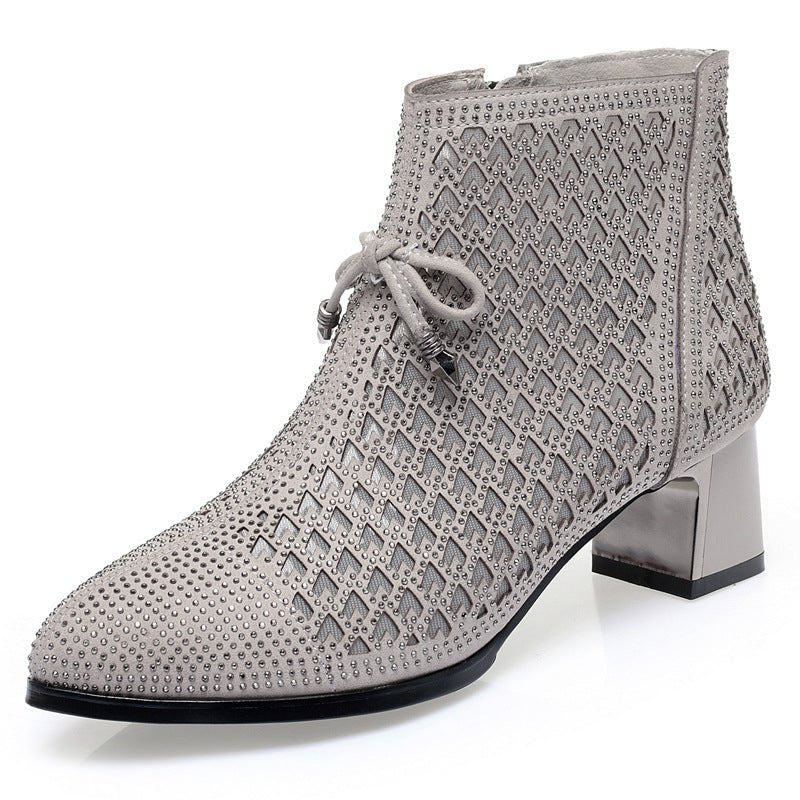 Women's Shoes Chunky Heel Mesh Boots Hollow Rhinestone High Heels $69.99 Dana Fashion Color: Greige Size: 34 Women's shoes Product information: Pattern: solid color Lining material: Leather Color: black, gray Heel height: mid heel (3-5CM) Length of socks: