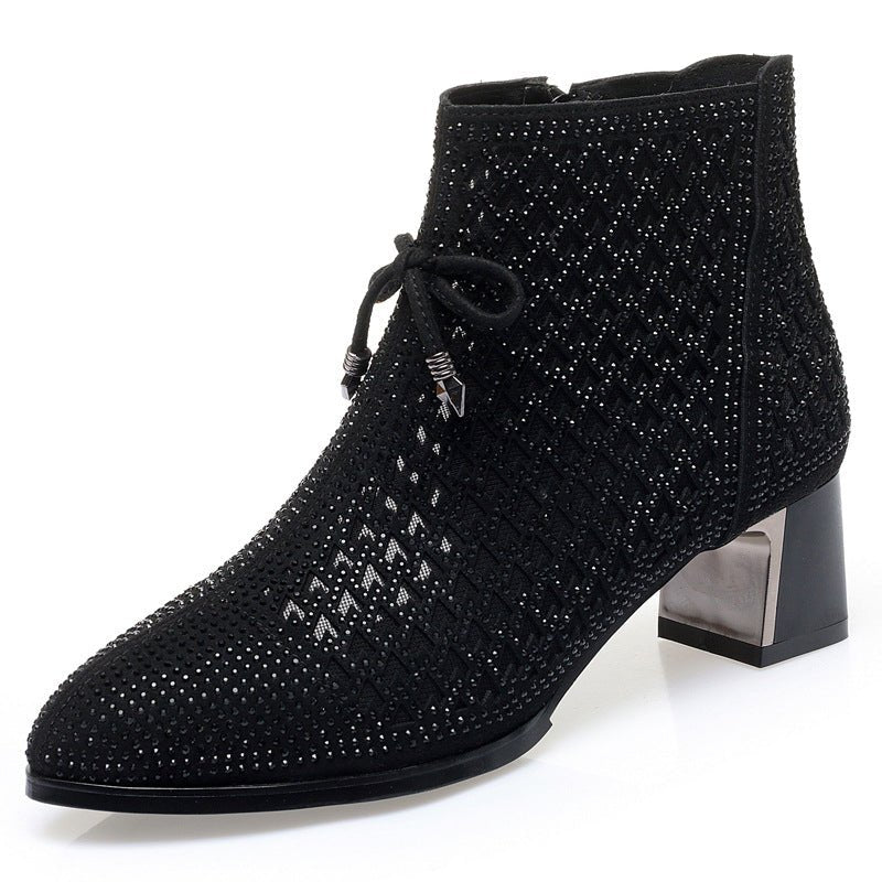 Women's Shoes Chunky Heel Mesh Boots Hollow Rhinestone High Heels $69.99 Dana Fashion Color: Black Size: 34 Women's shoes Product information: Pattern: solid color Lining material: Leather Color: black, gray Heel height: mid heel (3-5CM) Length of socks:
