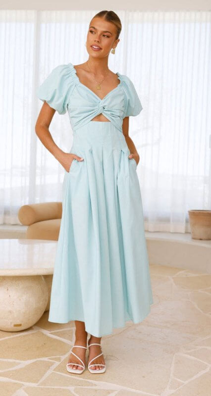 Women's Solid Color And V-neck Long Puff Sleeve Long Slimming Dress $39.50 Dana Fashion Color: Sky Blue Size: L Women's clothing Product information: Color: white, green, black, sky blue Waist Type: Mid waist Size: S,M,L,XL Style: pullover Fabric name: Co