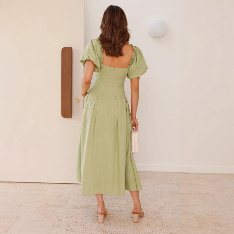 Women's Solid Color And V-neck Long Puff Sleeve Long Slimming Dress $39.50 Dana Fashion Color: Black Size: L Women's clothing Product information: Color: white, green, black, sky blue Waist Type: Mid waist Size: S,M,L,XL Style: pullover Fabric name: Cotto