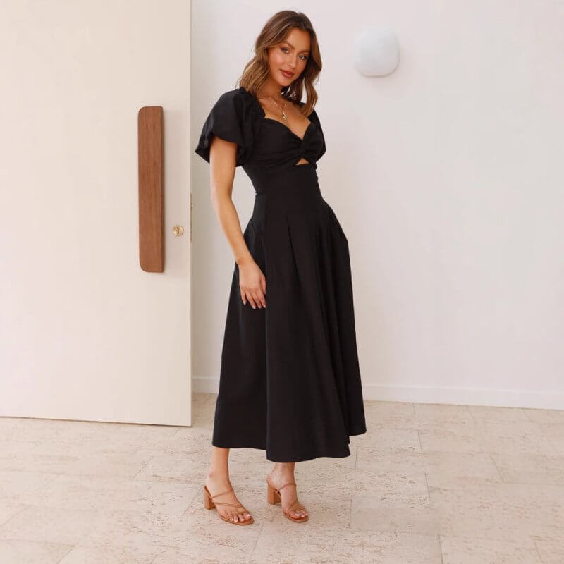 Women's Solid Color And V-neck Long Puff Sleeve Long Slimming Dress $39.50 Dana Fashion Color: Black Size: L Women's clothing Product information: Color: white, green, black, sky blue Waist Type: Mid waist Size: S,M,L,XL Style: pullover Fabric name: Cotto