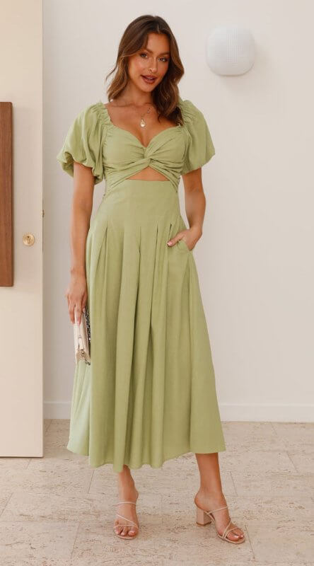 Women's Solid Color And V-neck Long Puff Sleeve Long Slimming Dress $39.50 Dana Fashion Color: Green Size: L Women's clothing Product information: Color: white, green, black, sky blue Waist Type: Mid waist Size: S,M,L,XL Style: pullover Fabric name: Cotto