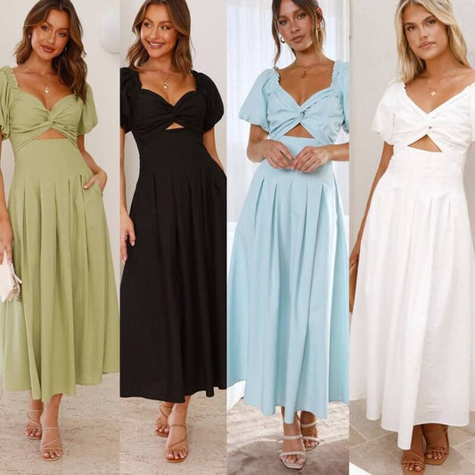 Women's Solid Color And V-neck Long Puff Sleeve Long Slimming Dress $39.50 Dana Fashion Color: Black Size: L Women's clothing Product information: Color: white, green, black, sky blue Waist Type: Mid waist Size: S,M,L,XL Style: pullover Fabric name: Cotto