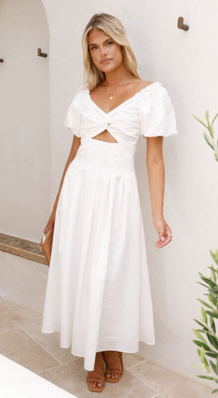 Women's Solid Color And V-neck Long Puff Sleeve Long Slimming Dress $39.50 Dana Fashion Color: White Size: L Women's clothing Product information: Color: white, green, black, sky blue Waist Type: Mid waist Size: S,M,L,XL Style: pullover Fabric name: Cotto