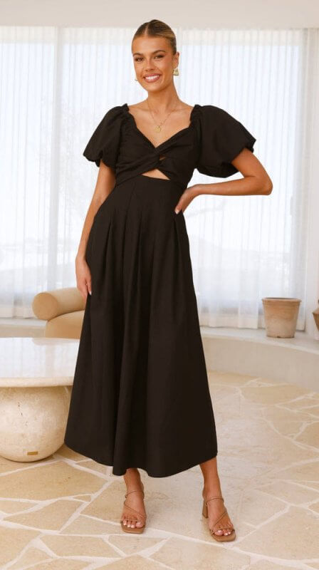Women's Solid Color And V-neck Long Puff Sleeve Long Slimming Dress $39.50 Dana Fashion Color: Black Size: L Women's clothing Product information: Color: white, green, black, sky blue Waist Type: Mid waist Size: S,M,L,XL Style: pullover Fabric name: Cotto