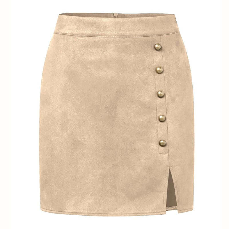 Women's Solid Color Suede High Waist Metal Buckle Skirt $25.90 Dana Fashion Color: Beige Size: L Women's clothing Product information: Fabric name: Suede Skirt type: A- line skirt Color: khaki, black, brown, Army Green, beige, wine red Elasticity: Micro e