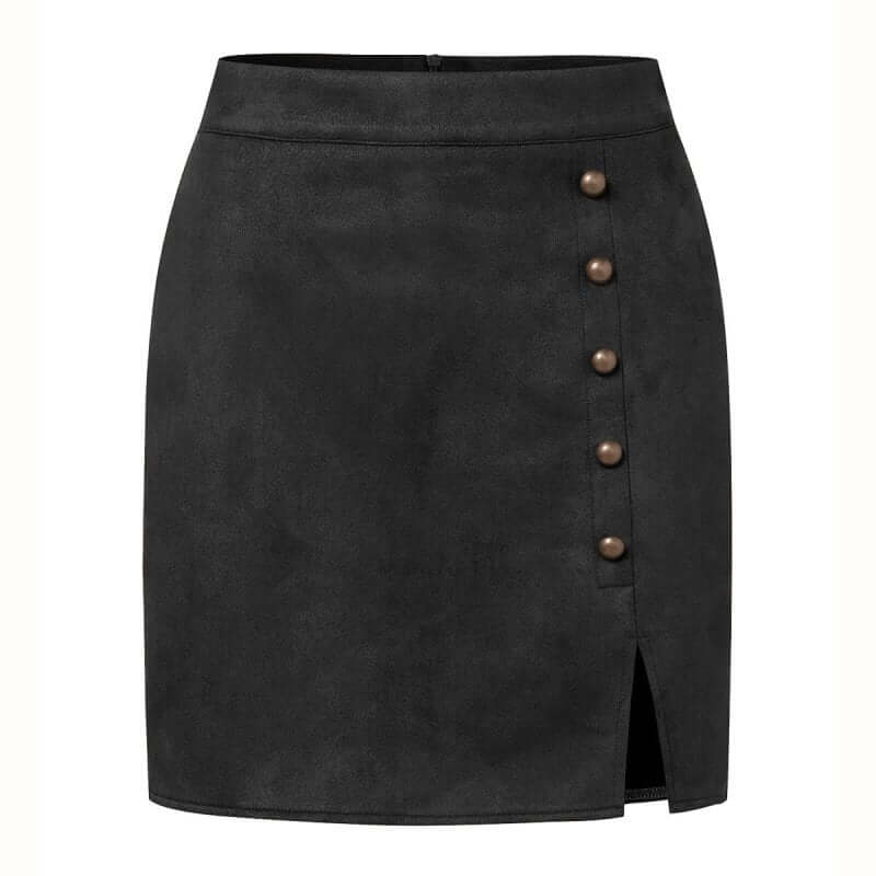 Women's Solid Color Suede High Waist Metal Buckle Skirt $25.90 Dana Fashion Color: Black Size: L Women's clothing Product information: Fabric name: Suede Skirt type: A- line skirt Color: khaki, black, brown, Army Green, beige, wine red Elasticity: Micro e