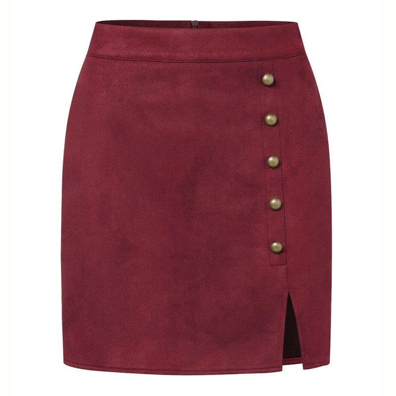 Women's Solid Color Suede High Waist Metal Buckle Skirt $25.90 Dana Fashion Color: Wine Red Size: L Women's clothing Product information: Fabric name: Suede Skirt type: A- line skirt Color: khaki, black, brown, Army Green, beige, wine red Elasticity: Micr