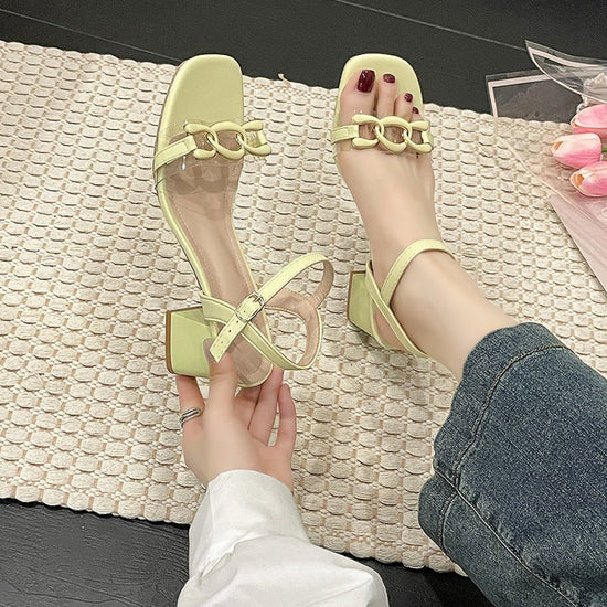 Women's Square Toe Open Toe High Heels With Buckle $37.45 Dana Fashion Color: Beige Size: 35 Women's shoes Product information: Toe bracket shape: square head Color: beige, matcha Size: 35, 36, 37, 38, 39, 40 Wearing method: Buckle Sole material: PU Packi