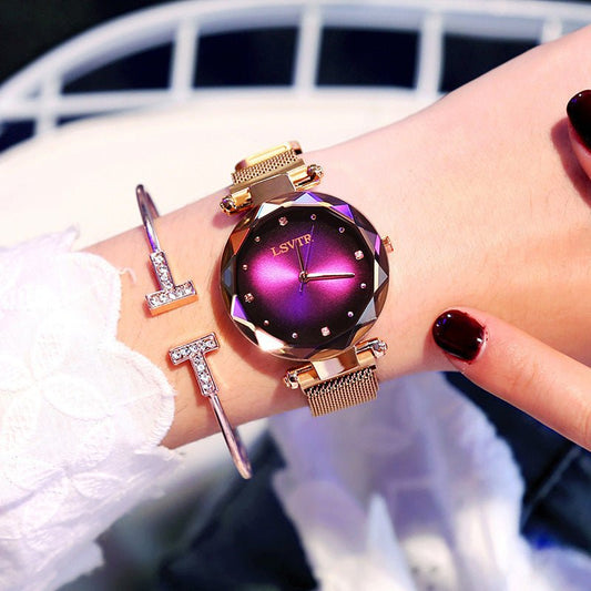 Women's Starry Quartz Lazy Magnet Strap Iron-absorbing Watch $18.50 Dana Fashion Color: L Rose Gold Blue Women's Accessories Product information: Color: L rose gold-Brown, L rose gold Red, L rose gold-black, L rose gold-purple, L rose gold-blue, L rose go