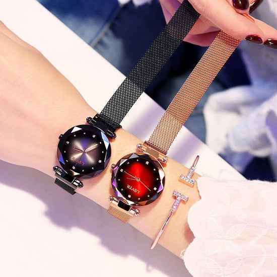 Women's Starry Quartz Lazy Magnet Strap Iron-absorbing Watch $18.50 Dana Fashion Color: L Rose Gold Blue Women's Accessories Product information: Color: L rose gold-Brown, L rose gold Red, L rose gold-black, L rose gold-purple, L rose gold-blue, L rose go