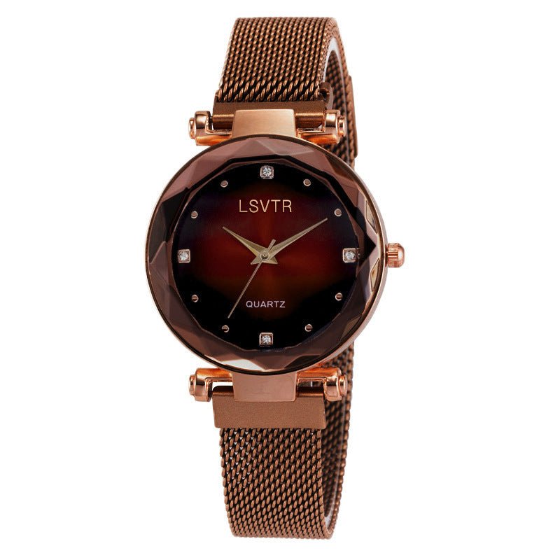 Women's Starry Quartz Lazy Magnet Strap Iron-absorbing Watch $18.50 Dana Fashion Color: Solid Color Coffee Women's Accessories Product information: Color: L rose gold-Brown, L rose gold Red, L rose gold-black, L rose gold-purple, L rose gold-blue, L rose